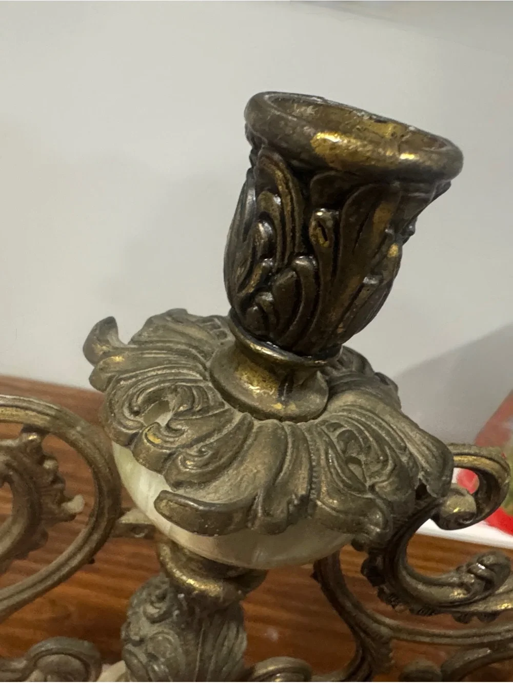 Antique Brass and Cream Marble 3-Arm Candelabra